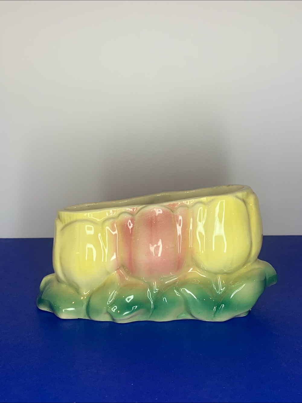 Vintage Ceramic Tulip Planter in Pink, Yellow & Green